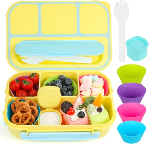 Vista 8 de MaMix Lonchera Bento para adultos, lonchera para niños, contenedores de almuerzo para adultos, niños, estudiantes, 44.0 fl oz, 4 compartimentos Azul