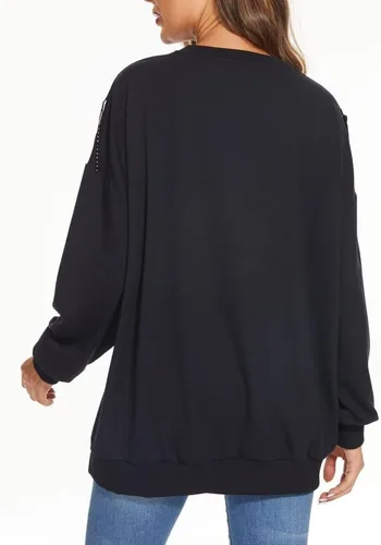 Vista 4 de PESION Sudadera de gran tamaño para mujer, cuello redondo, manga larga, ribete de flecos, suéter