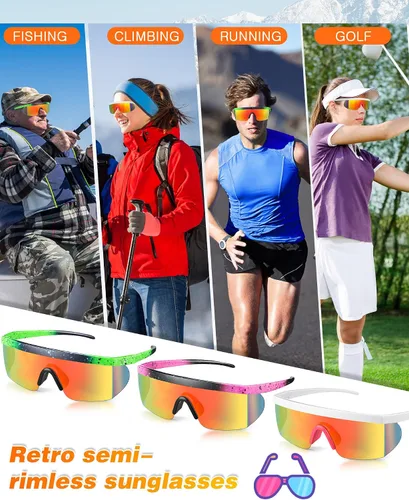 Vista 5 de Fabbay 3 pares de lentes de sol de neón retro espejados de los años 80 y 90 s semi sin montura de lentes de sol de colores para deportes hombres