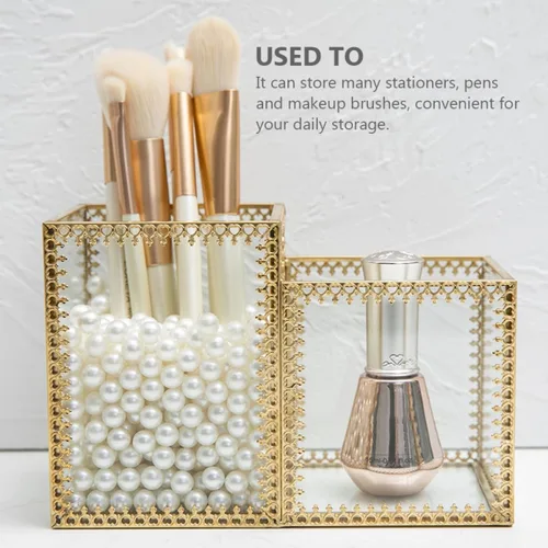 Vista 4 de ULTECHNOVO Two-compartment Glass Makeup Brush Holder Cosmetic Storage Organizer with Lace Design for Vanity Desk and Jewelry Display
