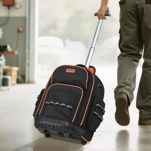 Vista 8 de VEVOR Mochila para herramientas rodantes, capacidad de carga de 110 libras, 45 bolsillos, bolsa de herramientas resistente sobre ruedas, mango