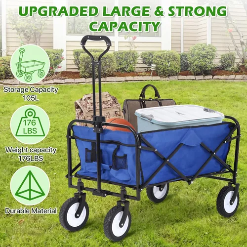 Vista 3 de HKLGorg Carrito plegable con ruedas, resistente, portátil, plegable, con asa, para campamento, comestibles, playa, (azul)