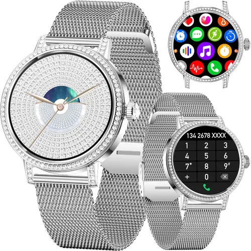 Vista 10 de Relojes inteligentes para mujer con llamadas Bluetooth de diamantes, reloj inteligente con pantalla HD de 1.27 pulgadas, rastreador de actividad