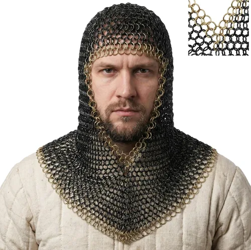 Vista 10 de Coif de malla medieval caballero renacentista armadura de malla capucha vikinga LARP 16 calibre Negro