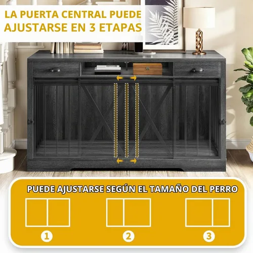 Vista 7 de DWVO Jaula Doble para Perros de 63 Pulgadas para 2 Perros, Soporte de TV de Jaula para Perros de Madera Resistente con Estación de Carga, Mueble