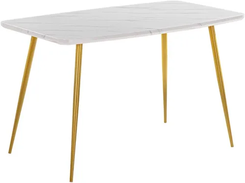 Vista 2 de Mesa de comedor rectangular de oro blanco, moderna y elegante, con patas de metal dorado para 4 a 6 personas, mesa de trabajo simple para oficina