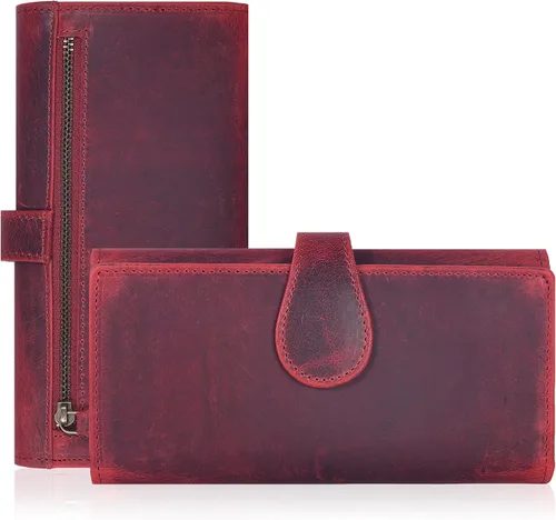 Vista 21 de Cartera de cuero genuino para mujer de cuero con bloqueo RFID - Tarjetero triple de diseñador para damas tipo clutch con ventana de identificación
