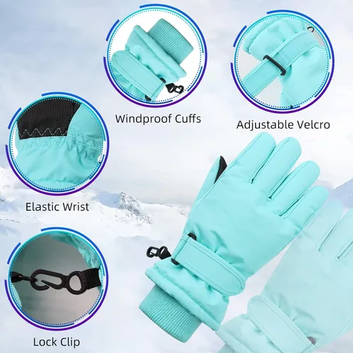 Vista 2 de JANGANNSA Guantes de esquí de invierno para niños y niñas, guantes de nieve para clima frío, guantes de esquí y snowboard impermeables con forro