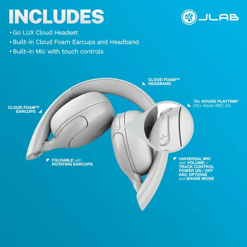 Vista 7 de JLab, Go Lux ANC, Auriculares intraurales, cancelación activa de ruido, Bluetooth MultIPoint, Cloud White