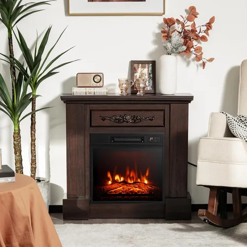 Vista 8 de Tangkula Chimenea eléctrica de 1400 W de 32 pulgadas con chimenea, calentador independiente con efecto de llama 3D, control remoto, termostato