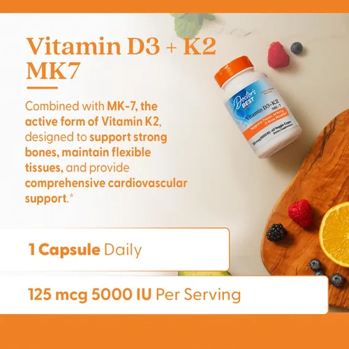 Vista 4 de Doctor's Best Suplemento de vitamina D3 y K2 para hombres y mujeres – Vitamina D3 5000 UI + K2 como MK-7, apoyo a la salud ósea, sin gluten, sin