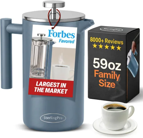 Vista 17 de SterlingPro Cafetera de prensa francesa de acero inoxidable, grande, 1 L (34 onzas), color negro, prensa de café duradera con aislamiento de doble
