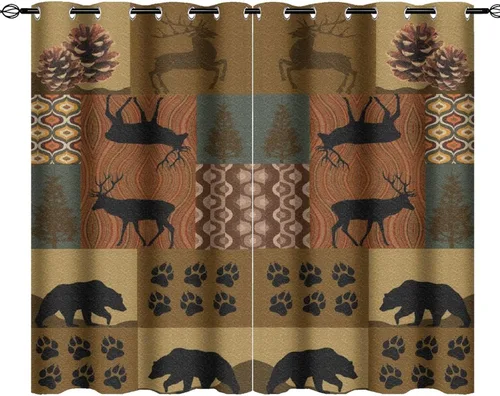 Vista 23 de Cortinas de oscurecimiento estilo campestre con osos, alces y ciervos, cortinas opacas para ventanas con ojales, tratamiento de ventanas eficiente
