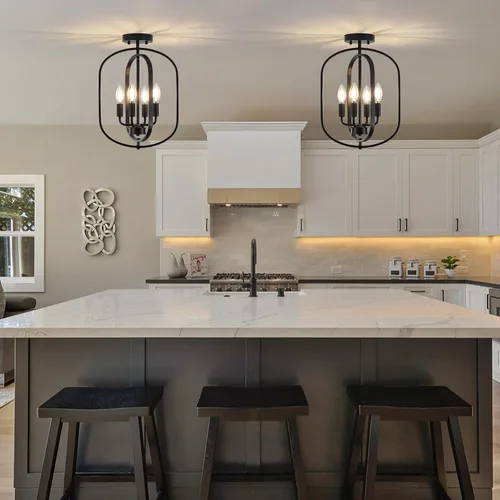 Vista 6 de Lámpara de techo negra de montaje empotrado, 4 luces, luces de techo semiempotradas, accesorios de iluminación de cocina, lámpara industrial moderna