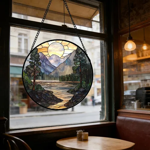 Vista 6 de Colgador de vidrieras para colgar, atardecer montañas, lago, árbol, atrapasoles para ventana, decoración del hogar, paisaje, día de la madre
