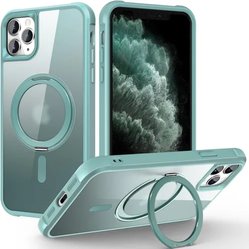 Vista 45 de Funda para iPhone 11 con soporte de anillo magnético giratorio de 360° [compatible con Mag-Safe] [Protección de grado militar] Funda translúcida