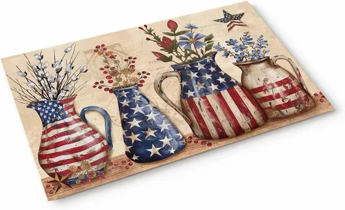 Vista 15 de T&H XHome Alfombras de camino de cocina del Día de la Independencia, 4 de julio, vintage, azul y rojo, con bandera de Estados Unidos, jarrón