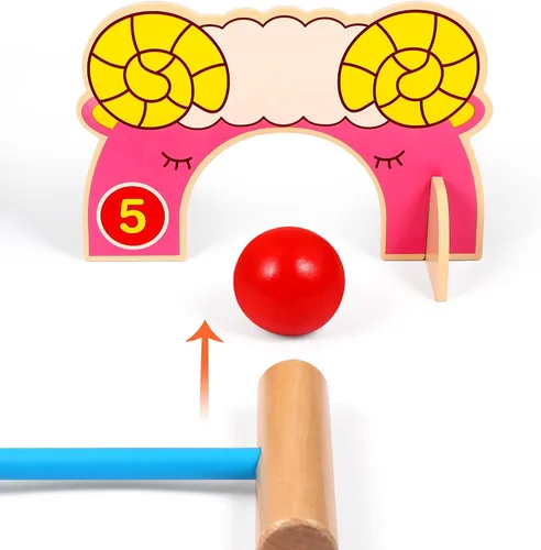 Vista 5 de Toyvian Juego de croquet para niños con mazos de madera de croquet, juego familiar clásico para césped, patio trasero, parque y más