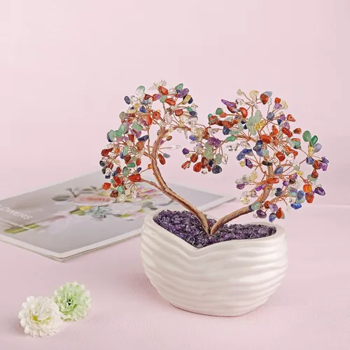 Vista 2 de GEHECRST Árbol de cristal de curación de 7 chakras en forma de corazón, cristal de piedra preciosa, bonsái del árbol del dinero, ornamento