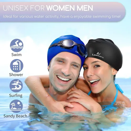 Vista 7 de Long Hair Swim Cap for Women 2 Pack, Silicone Swimming Caps for Unisex Adult Women Men with Ear Plugs & Nose Clip Set, Waterproof Adult Swim Hats