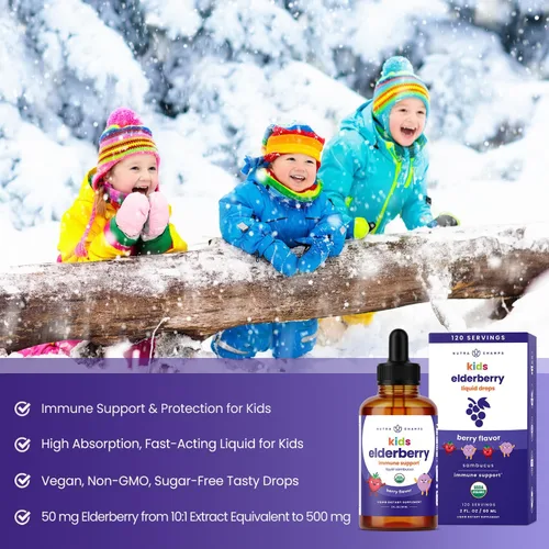 Vista 2 de NutraChamps - Gotas líquidas orgánicas de saúco negro para niños, extracto 10:1 de jarabe de saúco Sambucus para niños, gotas de saúco europeo sin