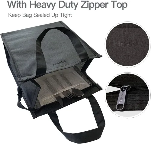 Vista 8 de Bolsa de almuerzo negra para hombres – Bolsa de almuerzo con cremallera para mujer, lonchera simple reutilizable aislada