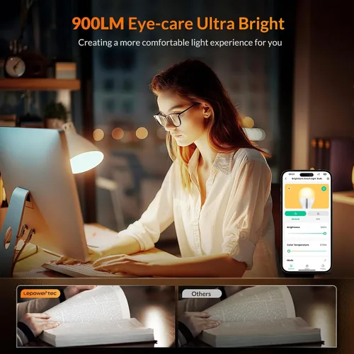 Vista 3 de LEPOWER-TEC Bombillas inteligentes, bombilla inteligente compatible solo con Alexa/Google Assistant, bombillas LED regulables BT/2.4G WiFi, 900LM