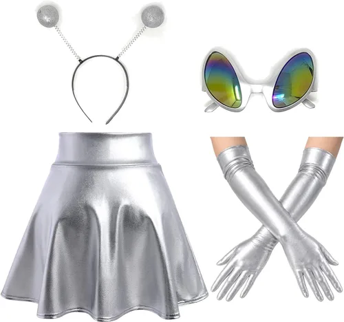 Vista 8 de Falda de disfraz de alienígena para mujer con diadema y gafas para fiesta Verde