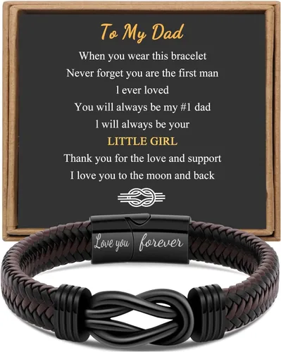Vista 15 de Regalo para Hombres Pulsera Infinita para Hombres Papá Marido Novio Hijo Nieto Hermano Sobrino Tío Cuero Trenzado Marrón Siempre Unidos Acero