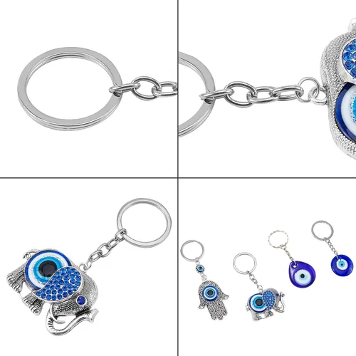 Vista 4 de PH PandaHall Juego de 6 llaveros de ojo turco de mano de Fátima Hamsa, búho, elefante de buena suerte, llavero de buena suerte, regalo para Navidad