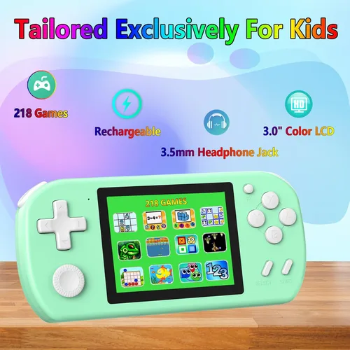 Vista 2 de Juegos de Mano para Niños con 218 Juegos de Video Integrados, Juguetes de Viaje Portátiles para Niños de 4 a 13 Años con Batería Recargable, Cian