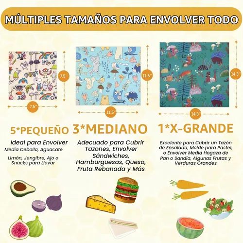 Vista 3 de Envoltorio reutilizable de cera de abejas - Paquete de 9 envolturas de cera de abejas para alimentos, envolturas de cera de abejas ecológicas