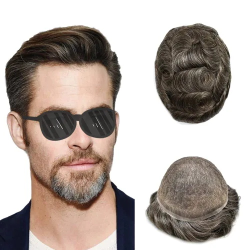 Vista 45 de Completo suizo encaje tupé para hombres pieza de pelo real sistema de reemplazo de cabello humano para hombres Toupee Hairpieces para hombres 7x9