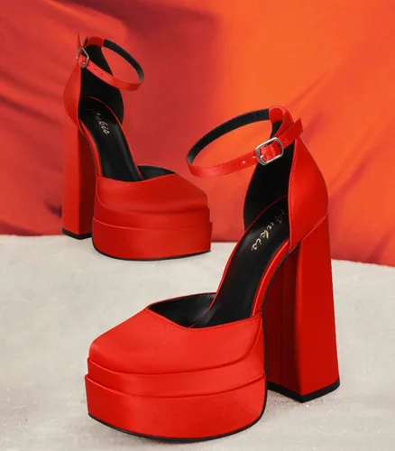 Vista 2 de Ankis Tacones de plataforma gruesos para mujer, tacones de punta cerrada de 5.7 pulgadas para mujer, plataforma de punta cuadrada, correa