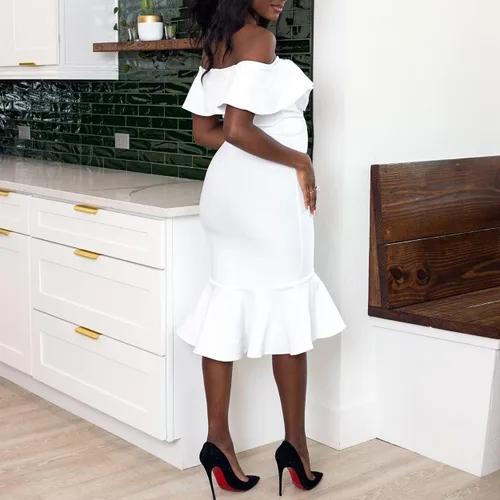 Vista 3 de Vestido de maternidad con volantes y hombros descubiertos para baby shower, manga corta, vestido de embarazo formal de sirena para mujer