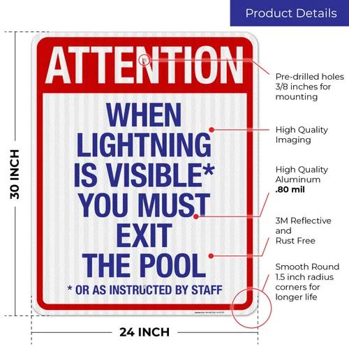 Vista 29 de Letrero con texto en inglés "Attention When Lightning is Visible You Must Exit The Pool - Letrero de piscina, 10 x 14 pulgadas, libre de óxido