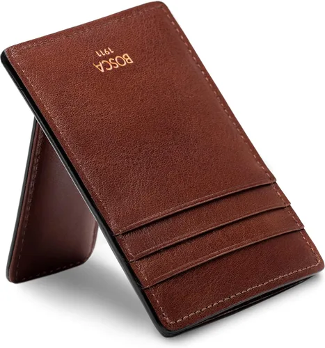 Vista 2 de Bosca Cartera de cuero con bolsillo frontal de lujo para hombre, Marrón oscuro