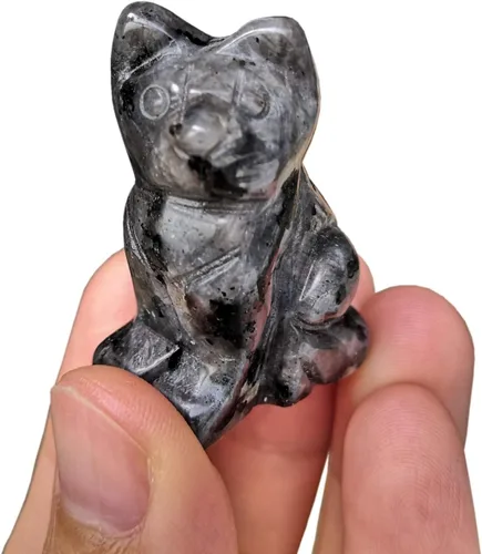 Vista 2 de 2 piezas de cristales de labradorita negra natural y piedras curativas, figuras de gato de la suerte talladas en bolsillo, coleccionables de 1.5