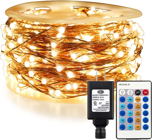 Vista 14 de RUICHEN Guirnalda de luces regulables enchufables de 66 pies, 200 luces LED de alambre de cobre con control remoto, blanco cálido