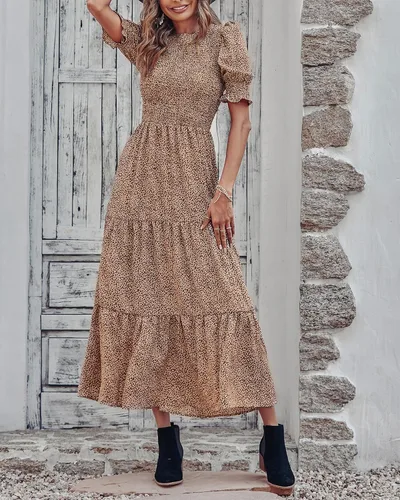 Vista 173 de BTFBM Vestidos para mujer, cuello redondo, casual, de verano, con volantes, manga corta, bohemio, con niveles, fruncido, largo, con estampado floral