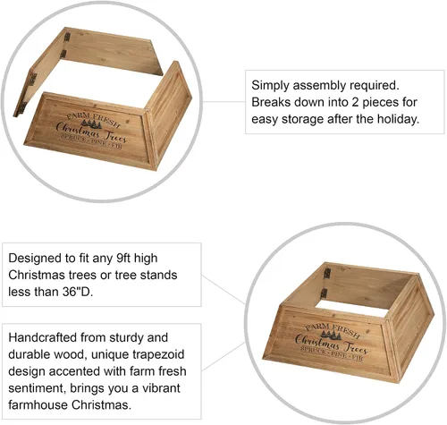 Vista 3 de Glitzhome Collar de Árbol Trapezoidal de Madera Natural de 26" L, Cubierta Rústica para Base de Árboles de Navidad, Anillo de Árbol Fresco