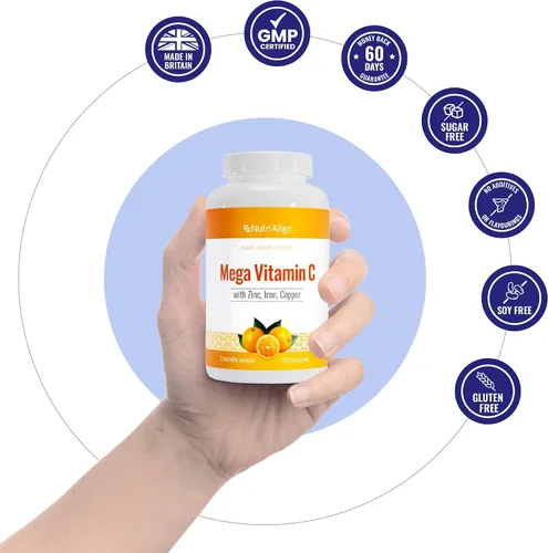 Vista 5 de Nutri-Align Mega Vitamina C 120 cápsulas de vitamina C de alta resistencia de 1000 mg - VIT C y suplemento de zinc, hierro y cobre Suplementos