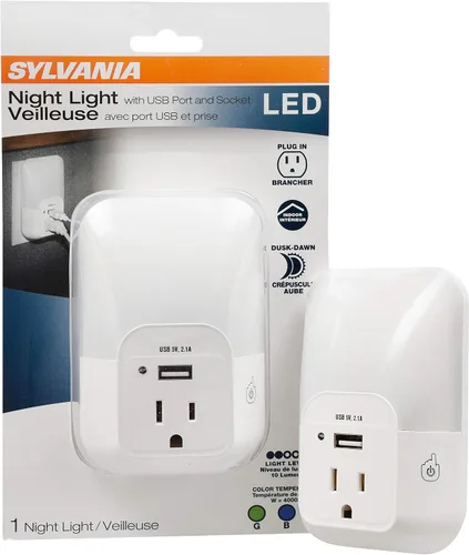 Vista 9 de LEDVANCE Sylvania - Luz nocturna LED con puertos USB duales, 22 años, del atardecer al amanecer, acabado esmerilado, 3000 K, blanco cálido Blanco