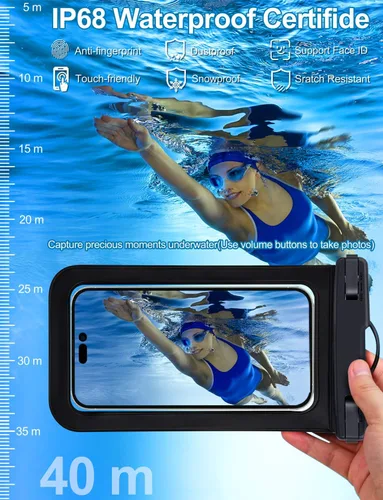 Vista 4 de Bolsa impermeable para teléfono, paquete de 2 fundas impermeables para teléfono blanco y negro, bolsa seca para teléfono celular, nivel