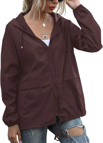 Vista 21 de PESION Chaqueta impermeable ligera para mujer, rompevientos con capucha y bolsillo para exteriores Verde militar