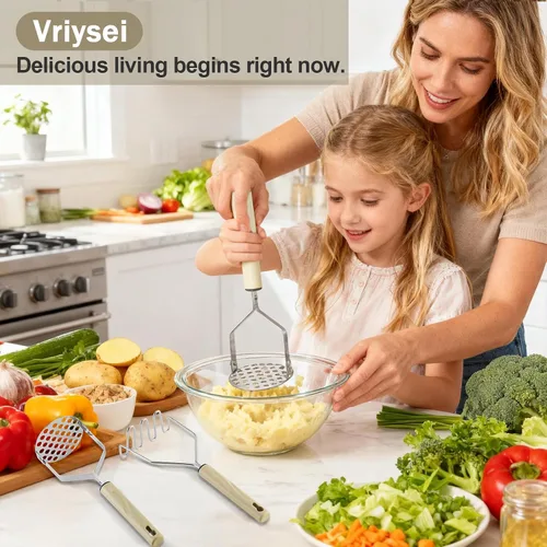 Vista 7 de Triturador de patatas de acero inoxidable, 2 piezas de puré de papas resistente, herramienta de cocina y trituradora de alimentos para papas