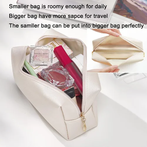Vista 3 de Juego de 2 bolsas de cosméticos de piel sintética para mujer, bolsa de maquillaje minimalista para uso diario, bolsa de almacenamiento portátil