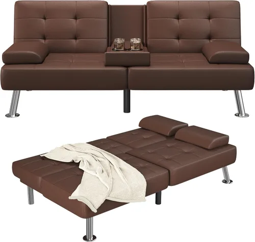 Vista 8 de Furmax Sofá Cama Futón Ajustable Sofá Cama Futón Sleeper para Sala de Estar, Oficina de Negocios, Sofás Reclinables con Portavasos (Cuero PU, Negro)