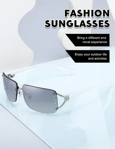 Vista 6 de Elegantes lentes de sol rectangulares sin marco para mujer, diseño rodeado de moda para hombres