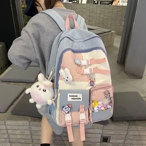 Vista 2 de Mochila Kawaii con pines Kawaii y accesorios mochila para laptop de 17 pulgadas para adolescentes mochila escolar para niños primaria B-Azul L
